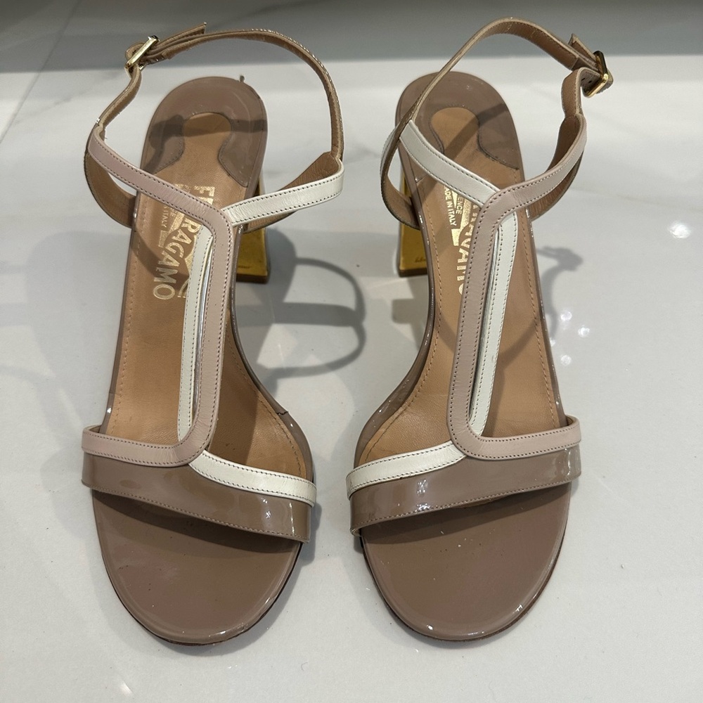 Salvatore Ferragamo Tan and White Sandals with T-Strap Design